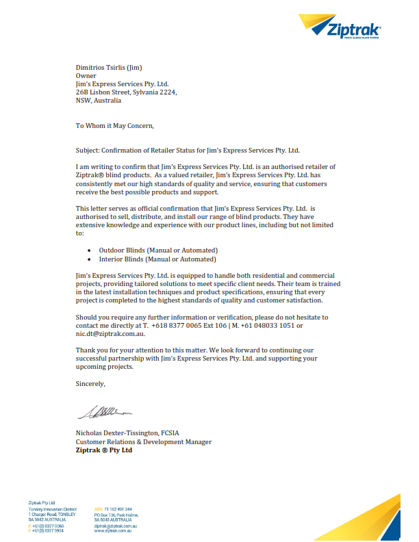 Jim’s Express Services PTY LTD – Ziptrak Certification Jim's Express Services PTY LTD - Ziptrak Certification